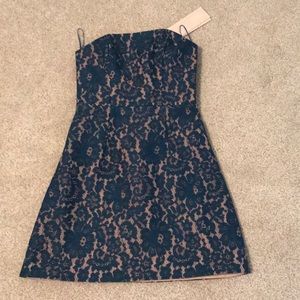 Strapless blue and nude lace dress